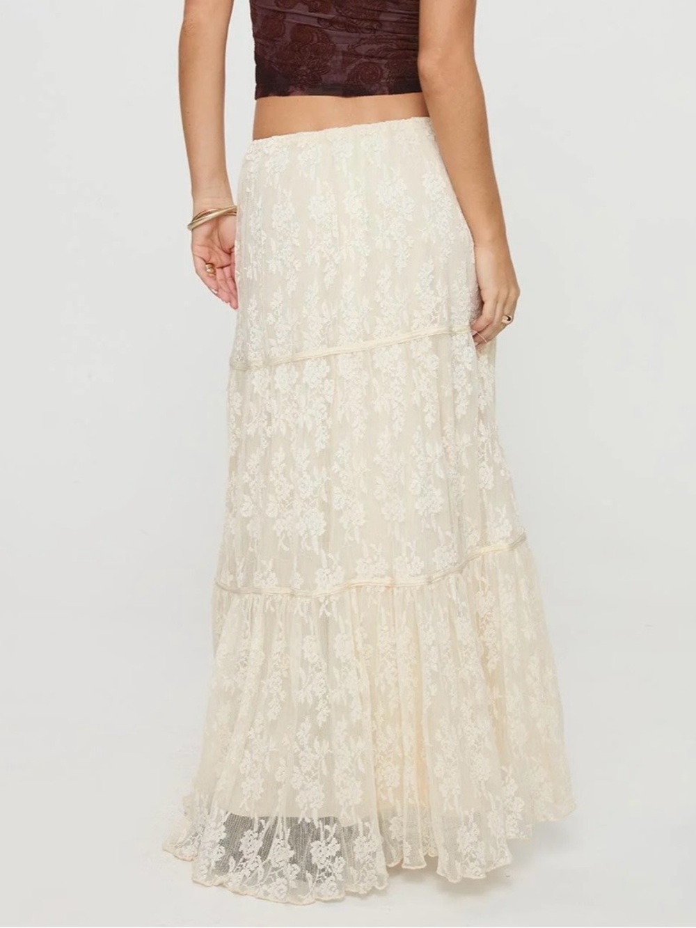 Princess Polly Cream Lace Tiered Maxi Skirt